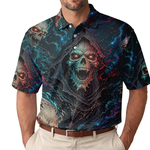 Hooded Skeletal Wraith And Ghost Skulls For Halloween Parties And Gothic Style Fans Men's Polo Shirt