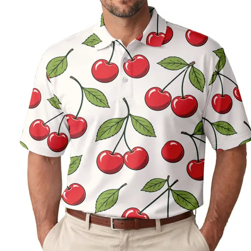 Hand-Drawn Red Cherries And Green Leaves For Summer Beach Dates And Casual Wear Men Men's Polo Shirt
