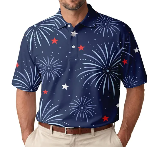 Navy Fireworks And Red White Stars For Fourth Of July Celebrations Men's Polo Shirt