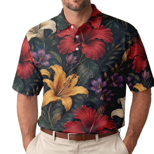 Dark Tropical Hibiscus And Lily Botanicals For Resort Evenings And Garden Parties Men's Polo Shirt