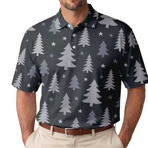 Gray Evergreen Trees And Stars For Winter Casual Outings And Holiday Gatherings Men's Polo Shirt