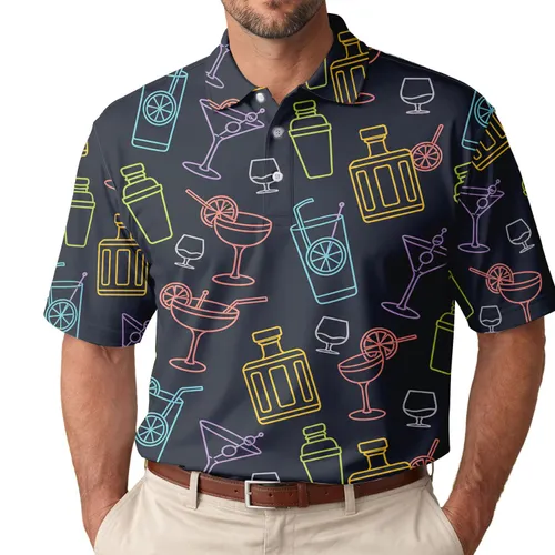 Neon Cocktail Glasses Nightlife Party Outfit For Men’s Vacation And Date Nights Men's Polo Shirt