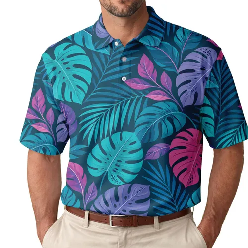 Teal Tropical Monstera And Palm Leaves for Beach Resort Travel and Casual Vacation Wear Men's Polo Shirt