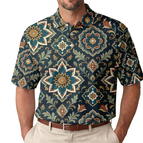 Mediterranean Moorish Tile Motifs for Resort Travel, Garden Parties, and Heritage Style Men's Polo Shirt