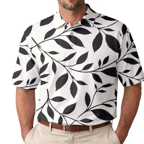 Monochrome Botanical Leaf Vine Motif For Casual Golf Resort And Weekend Wear For Men Men's Polo Shirt