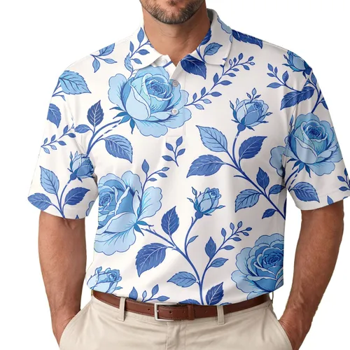 Blue Rose Garden Florals For Resort Getaways, Beach Days And Casual Weekend Wear Men's Polo Shirt