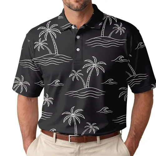 Tropical Palm And Ocean Wave Coastal Resort Style For Beach Vacation Travel Wear Men's Polo Shirt