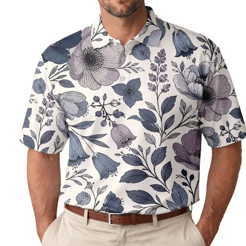 Midnight Blue Wildflower Botanical Button Front Casual Resort Vacation Style for Men Men's Polo Shirt