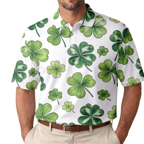 Hand Drawn Four Leaf Clover Botanical Motif For St Patrick's Day Golf And Casual Wear Men's Polo Shirt