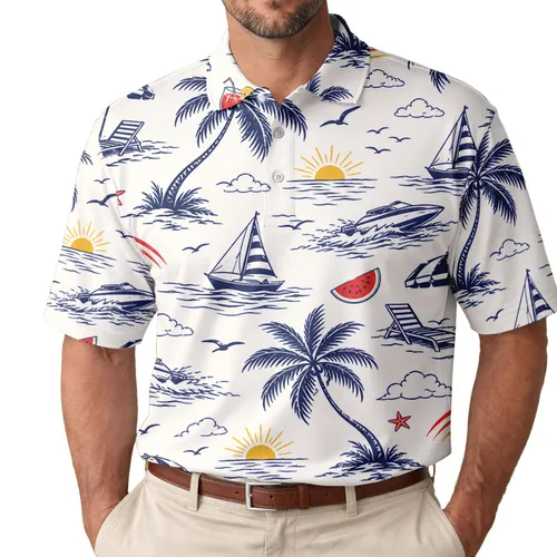 Coconut Palm Sailboat Beach Umbrella Motifs For Seaside Resort Vacation Wear Men Men's Polo Shirt