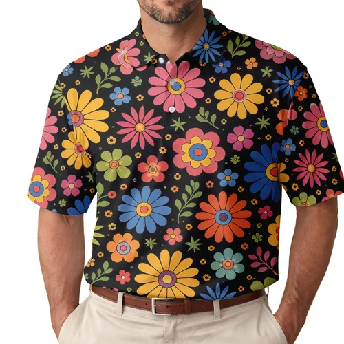Retro Psychedelic Flower Garden For Summer Parties, Beach Trips And Festival Wear Men's Polo Shirt