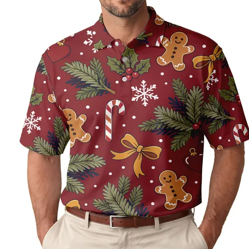 Christmas Candy Cane Gingerbread Holly Motifs For Holiday Parties And Winter Gifting Men's Polo Shirt