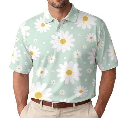White Daisy Mint Green Spring Garden Golf Weekend Casual Wear Style For Women And Men Men's Polo Shirt