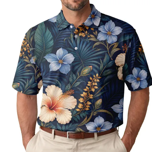 Tropical Blue Hibiscus And Palm Leaves For Resort Vacation And Beach Golf Wear For Men Men's Polo Shirt