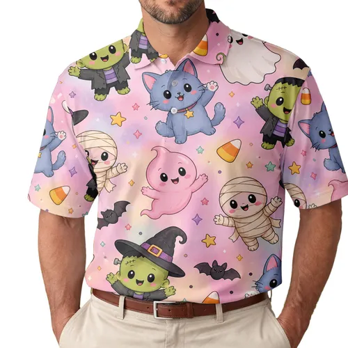 Cute Pastel Halloween Monsters For Spooky Season Parties, Travel And Everyday Wear Men's Polo Shirt
