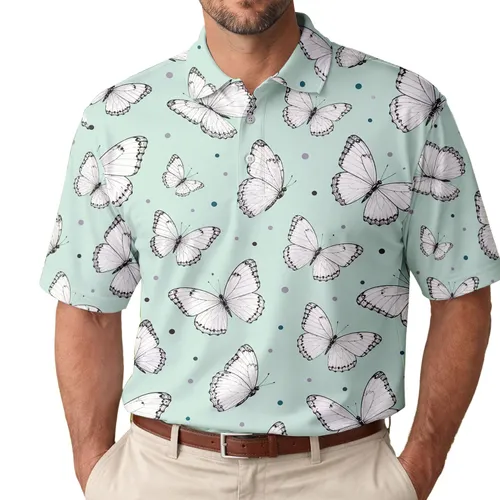 Seafoam Butterfly Garden Motif for Spring Brunch, Resort Travel, and Nature Lovers Men's Polo Shirt