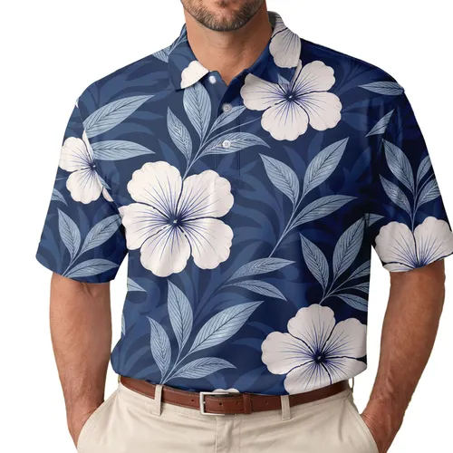 Navy Ivory Tropical Island Flowers For Coastal Resort Wear And Vacation Travel Outfits Men's Polo Shirt