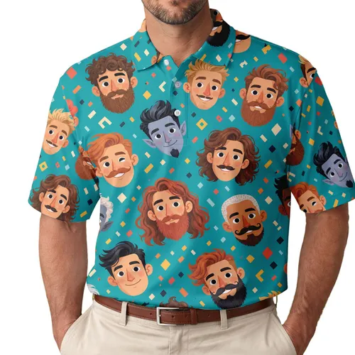 Colorful Men's Faces On Turquoise Teal For Casual Party Wear And Everyday Art Lovers Men's Polo Shirt