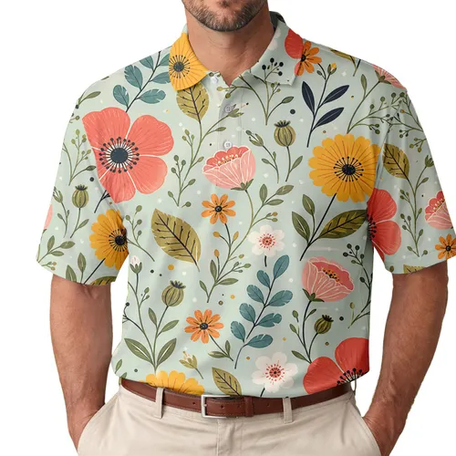Coral Anemone Wildflower Meadow Garden Party Golfwear For Women Spring Outdoor Style Men's Polo Shirt