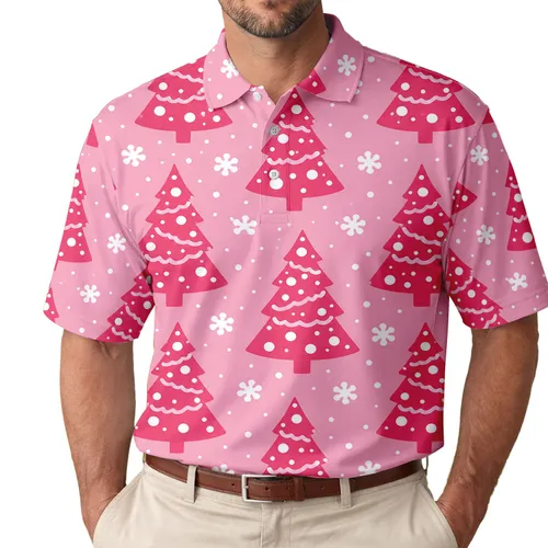 Raspberry Pink Christmas Trees And White Snowflakes For Holiday Parties And Men Gifts Men's Polo Shirt