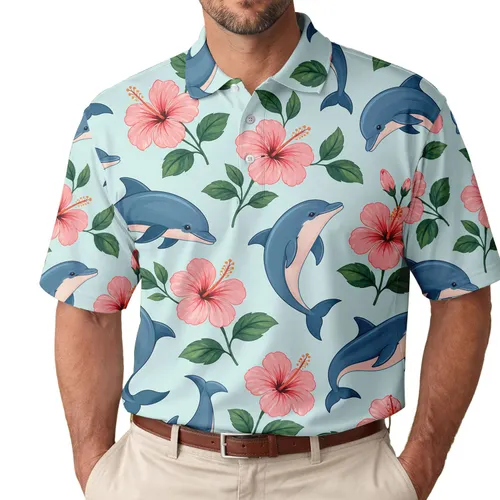 Dolphin Hibiscus Tropical Ocean Garden For Beach Vacations And Coastal Style Men's Polo Shirt