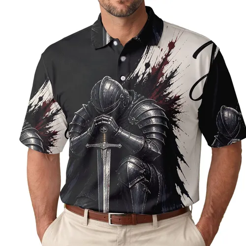 Kneeling Medieval Warrior With Sword Jesus Faith Wear For Christian Men And Believers Men's Polo Shirt