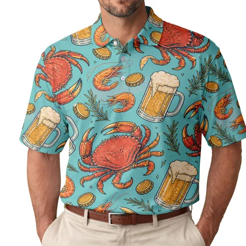 Crab Beer Shrimp Coastal Seafood Party Beach Vacation Men's Casual Summer Style Men's Polo Shirt