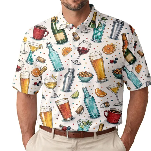 Hand Drawn Cocktail Drinks And Wine Bottles For Happy Hour Parties And Bar Lovers Men's Polo Shirt