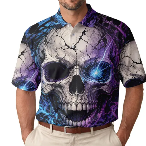 Neon Gothic Skull With Cyan Blue Purple Energy For Halloween Concert Festival Nights Men Men's Polo Shirt