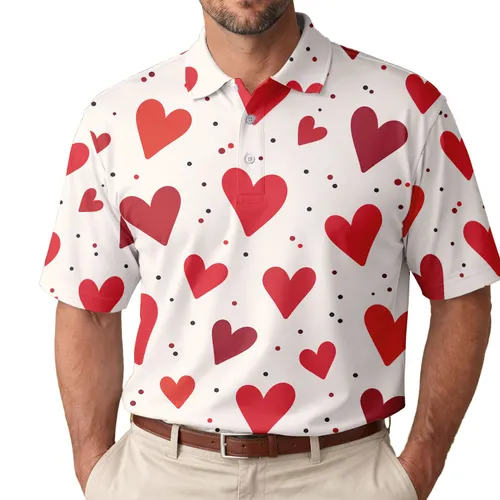 Red Heart Motifs for Romantic Dates, Valentine Outfits, and Everyday Casual Wear Men's Polo Shirt