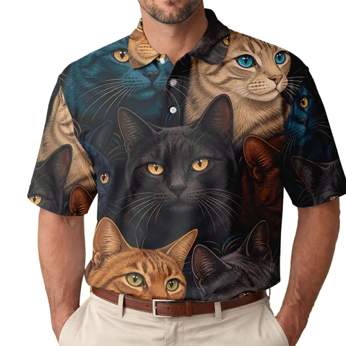 Expressive Colorful Cat Faces Collage for Cat Lovers Casual Weekend Street Style Men's Polo Shirt