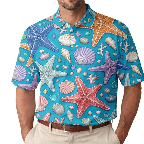 Tropical Sea Star And Scallop Shell Coastal Beach Vacation And Resort Wear For Men Men's Polo Shirt