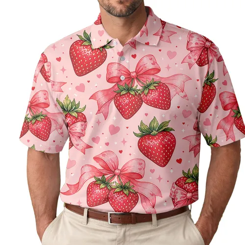 Pink Strawberry Bow Motif For Romantic Dates And Sweet Valentine Gifts For Women Men's Polo Shirt