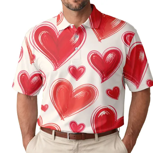 Hand Painted Red Hearts for Valentine's Day Dates and Beach Resort Wear for Men Men's Polo Shirt
