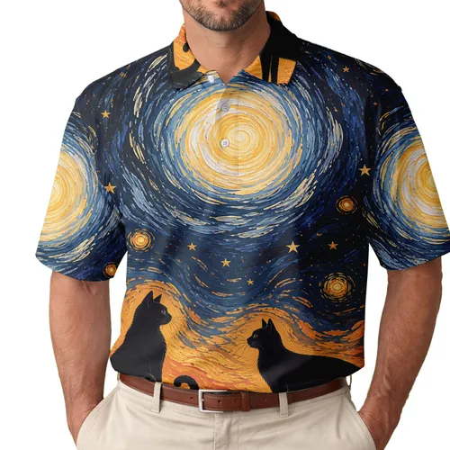 Black Cats And Celestial Moon Vortex For Evening Outings, Beach Trips And Cat Lovers Men's Polo Shirt