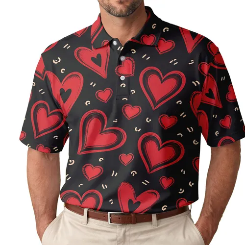 Crimson Hearts On Charcoal For Valentine Dates, Romantic Parties, And Everyday Men Men's Polo Shirt