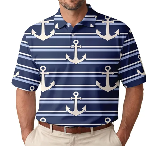 Ivory Anchor And Breton Stripe Nautical Resort Wear For Men's Beach Vacations And Sailing Men's Polo Shirt