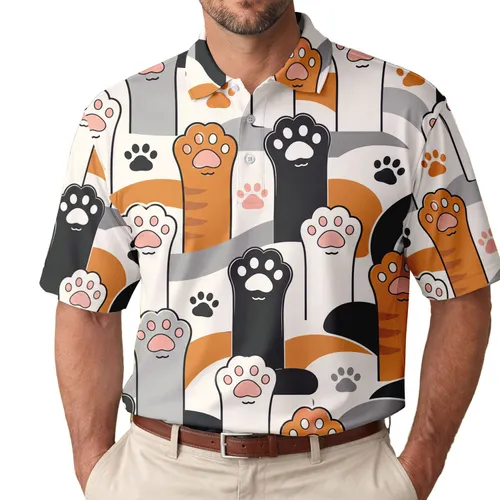 Playful Cat Paw Characters And Paw Icons For Casual Weekend Style And Cat Lovers Men's Polo Shirt