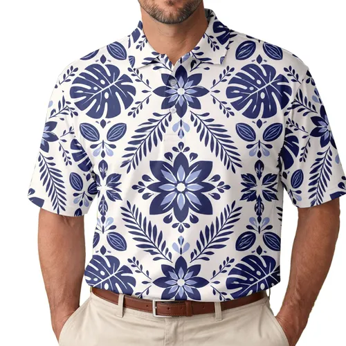 Indigo Tropical Floral Lattice For Resort Travel And Coastal Style Men's Polo Shirt