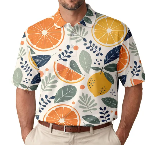 Tropical Citrus And Navy Leaf Resort Style For Beach Trips And Weekend Getaway Wear Men's Polo Shirt