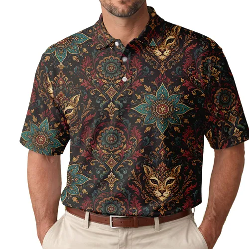 Vintage Folk Animal Mask Medallion Motif For Boho Festival Style Men Men's Polo Shirt