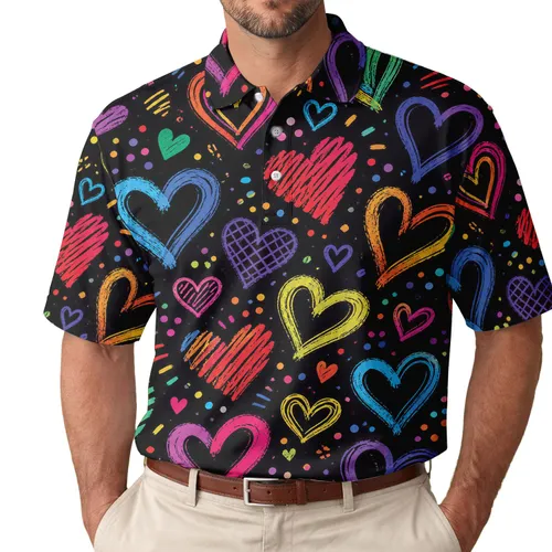 Neon Rainbow Hearts for Pride Parties, Date Nights, Festivals, and Everyday Wear Men's Polo Shirt