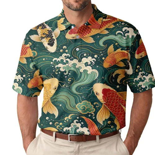 Ornamental Koi Fish In Jade Water With Cloud Curls For Lunar New Year Resort Style Men's Polo Shirt