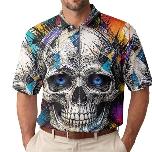 Colorful Mechanical Skull Art For Concert Streetwear And Gothic Style Fans Men's Polo Shirt