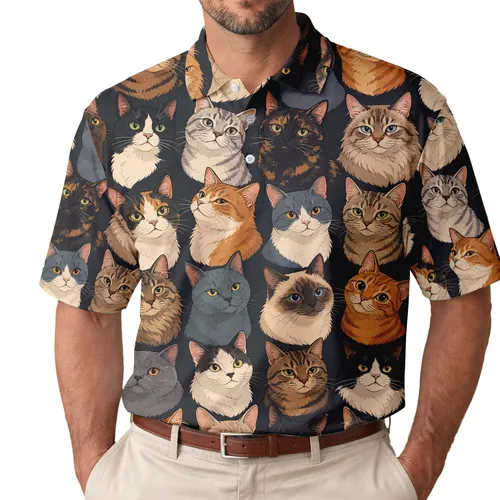 Forty-Two Colorful Cat Faces for Casual Weekends, Travel and Feline Fashion Fans Men's Polo Shirt