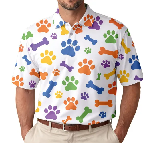 Colorful Dog Paw And Bone Motif For Fun Pet Lover Casual Weekend Travel Outfit Men Men's Polo Shirt