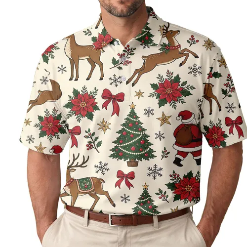 Santa Reindeer Poinsettia Christmas Holiday Party Gift For Men And Women Festive Wear Men's Polo Shirt