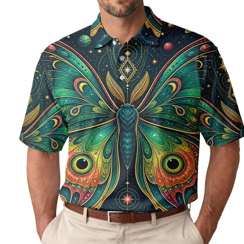 Celestial Luna Moth Eyespot Cosmic Style For Festivals, Night Events, And Star Gazers Men's Polo Shirt