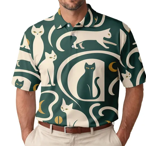 Mid Century Forest Green Cats For Resort Getaways And Casual Weekend Wear For Cat Lovers Men's Polo Shirt