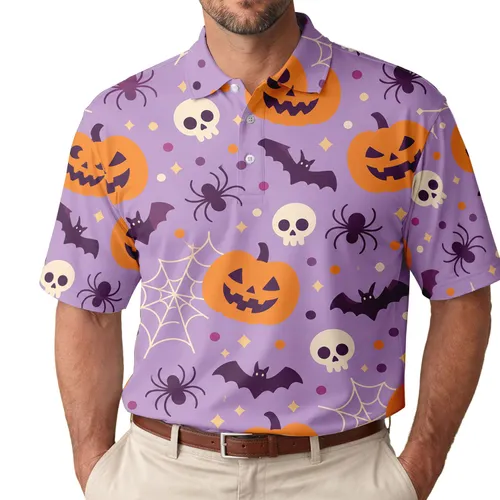 Purple Halloween Pumpkins Bats And Skulls For Parties, Fall Events, And Costume Fans Men's Polo Shirt